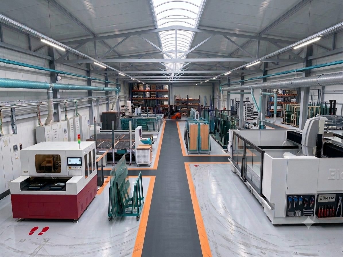 Hala produkcyjna FORMADA — centra obróbcze CNC i stojaki ze szkłem